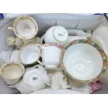 A box of decorative dinnerwares including Old Foley, Royal Doulton and Allerton's