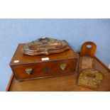 A Victorian walnut and brass mounted desk stand and matching book slide and an oak box