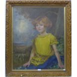 English School, Art Deco portrait of a young girl, oil on board, 65 x 62cms, framed