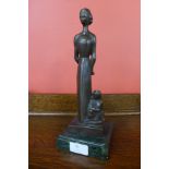 A Surrealist style bronze figure of a mother and child, on green marble socle