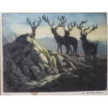 A woodblock print of deer, indistinctly signed, 15 x 20cms, unframed