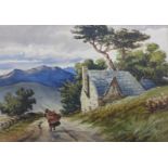 Welsh School, rural landscape with figure by a cottage, watercolour, 24 x 34cms, unframed