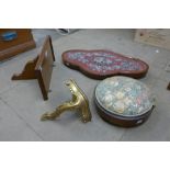 A Victorian walnut and beadwork stand, a footstool and two wall brackets