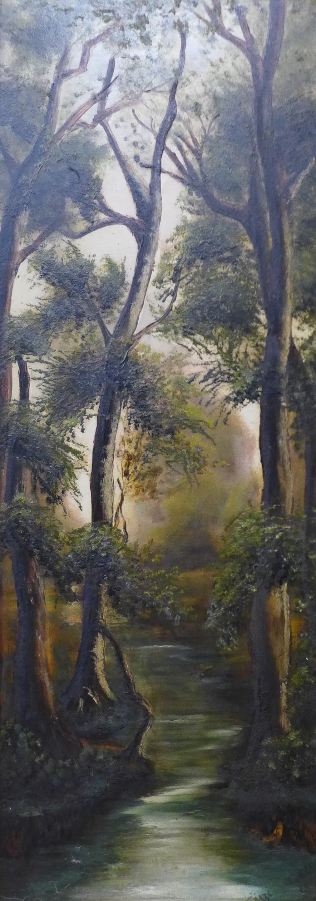 Lizzie Horsley, pair of rural forest landscapes, oil on board, dated 1899, 61 x 22cms, framed - Image 2 of 3