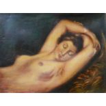 English School, portrait of a reclining female nude, 43 x 57cms, unframed