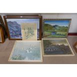 A Vernon Ward print, three oil paintings and two other prints