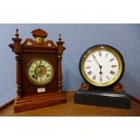 A 19th Century American oak shelf clock and an ebonised mantel clock