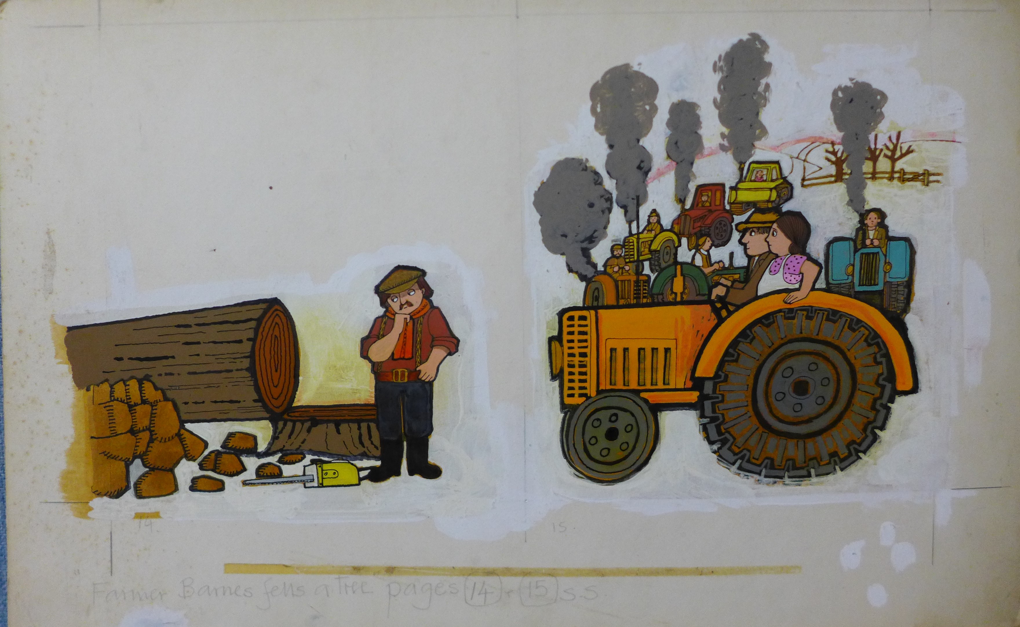 A children's book illustration, Farmer Barnes fells a tree, gouache, 33 x 54cms, unframed