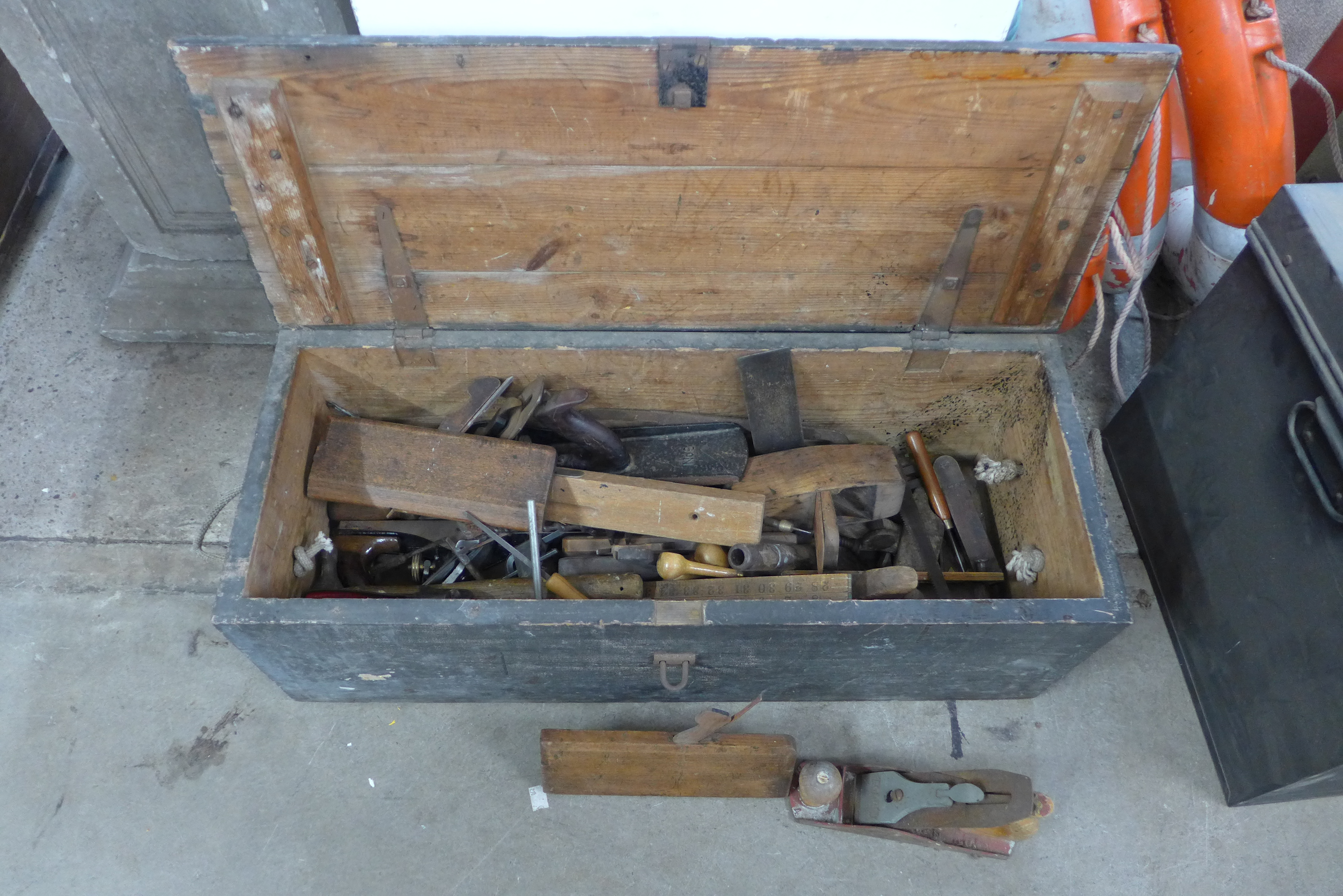 A pine carpenter's tool chest with tools