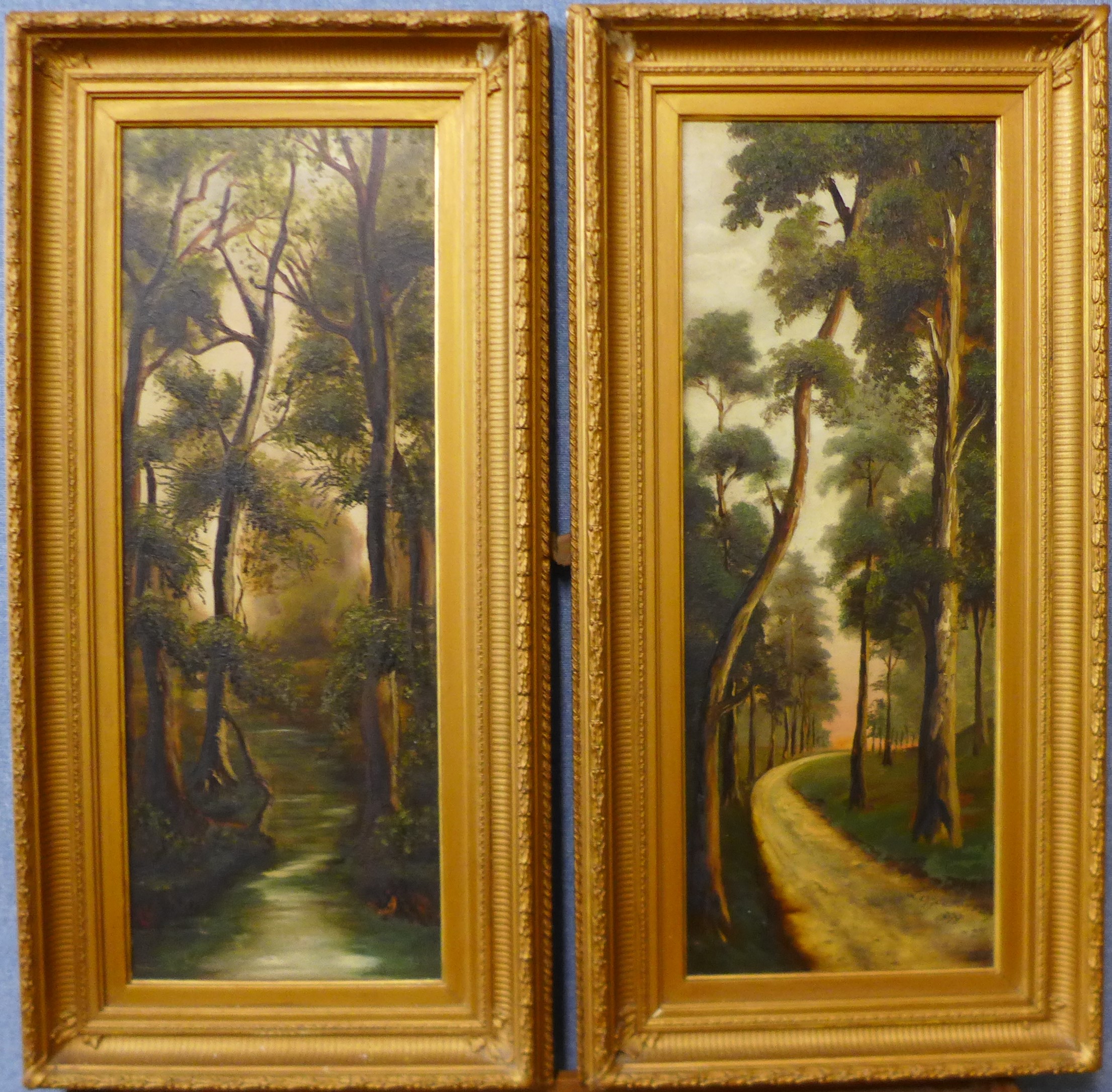 Lizzie Horsley, pair of rural forest landscapes, oil on board, dated 1899, 61 x 22cms, framed - Image 3 of 3