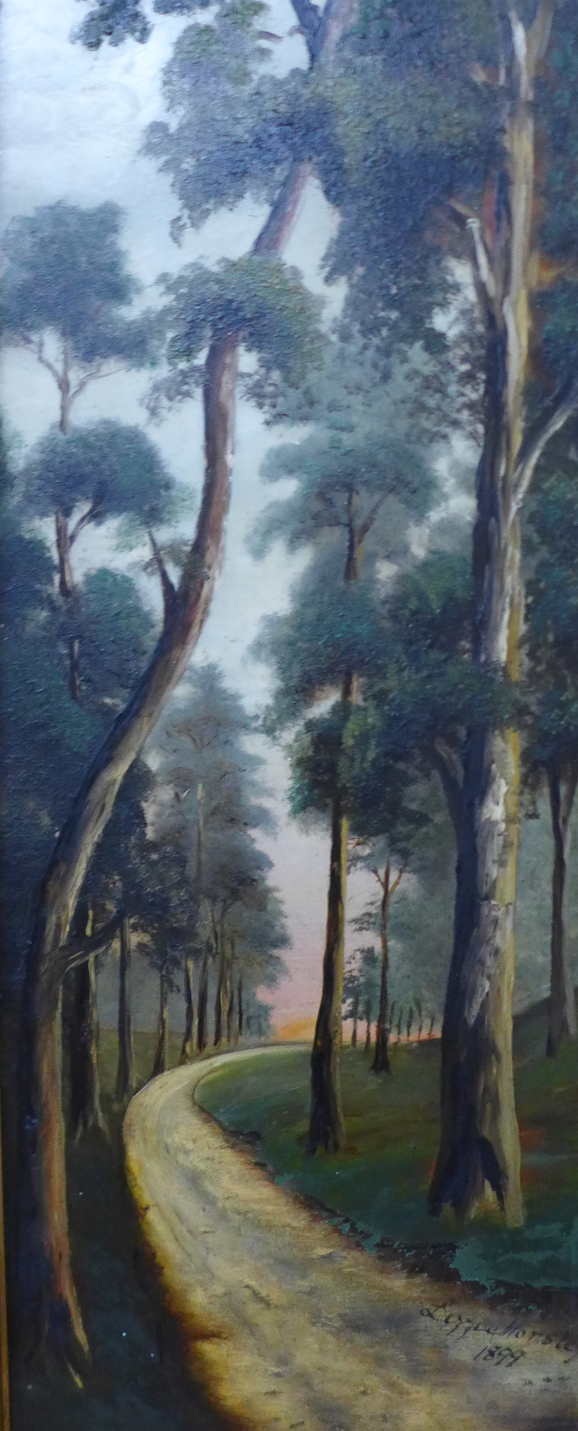 Lizzie Horsley, pair of rural forest landscapes, oil on board, dated 1899, 61 x 22cms, framed