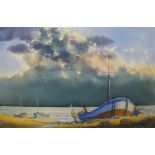 John Pooler, Norfolk coastal landscape with fishing boats, watercolour, 35 x 54cms, unframed