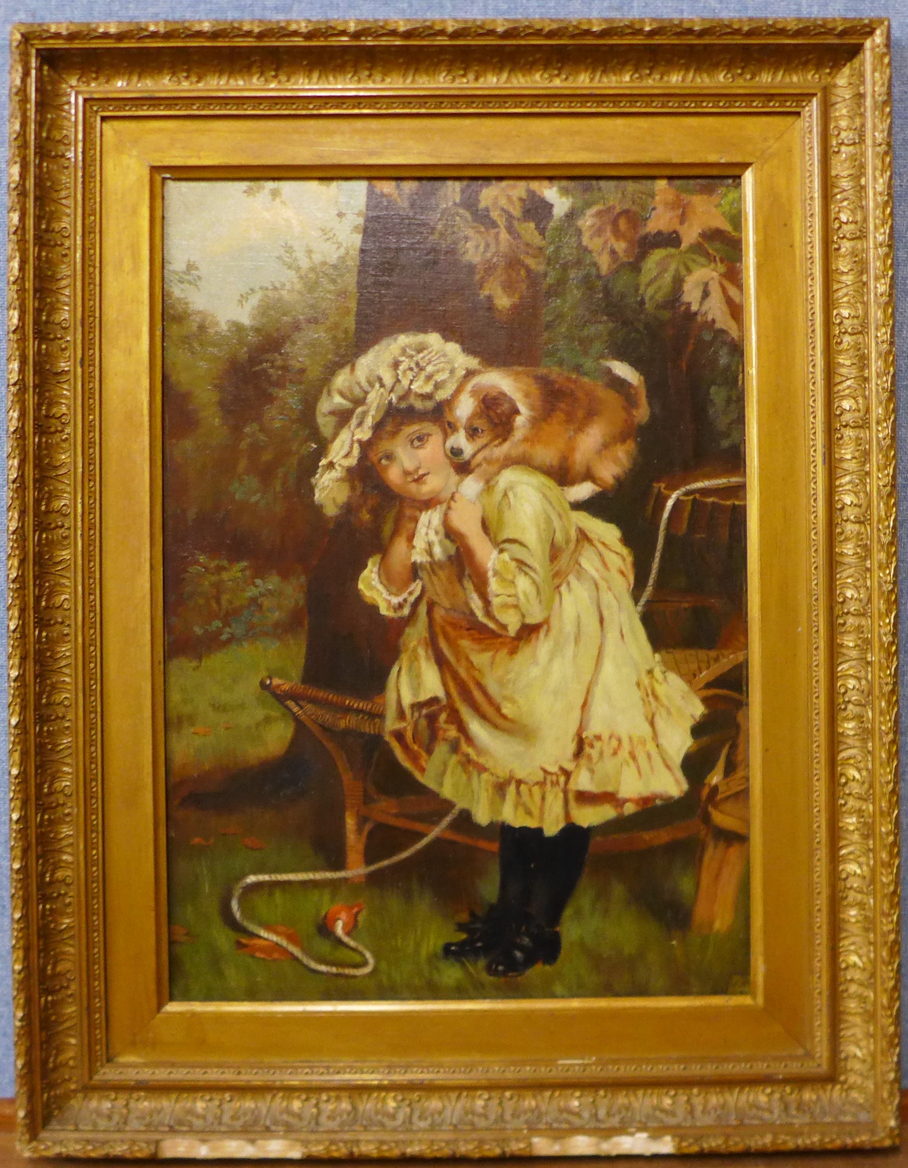 English School (19th Century), portrait of a girl and puppy, oil on canvas, 47 x 34cms, framed