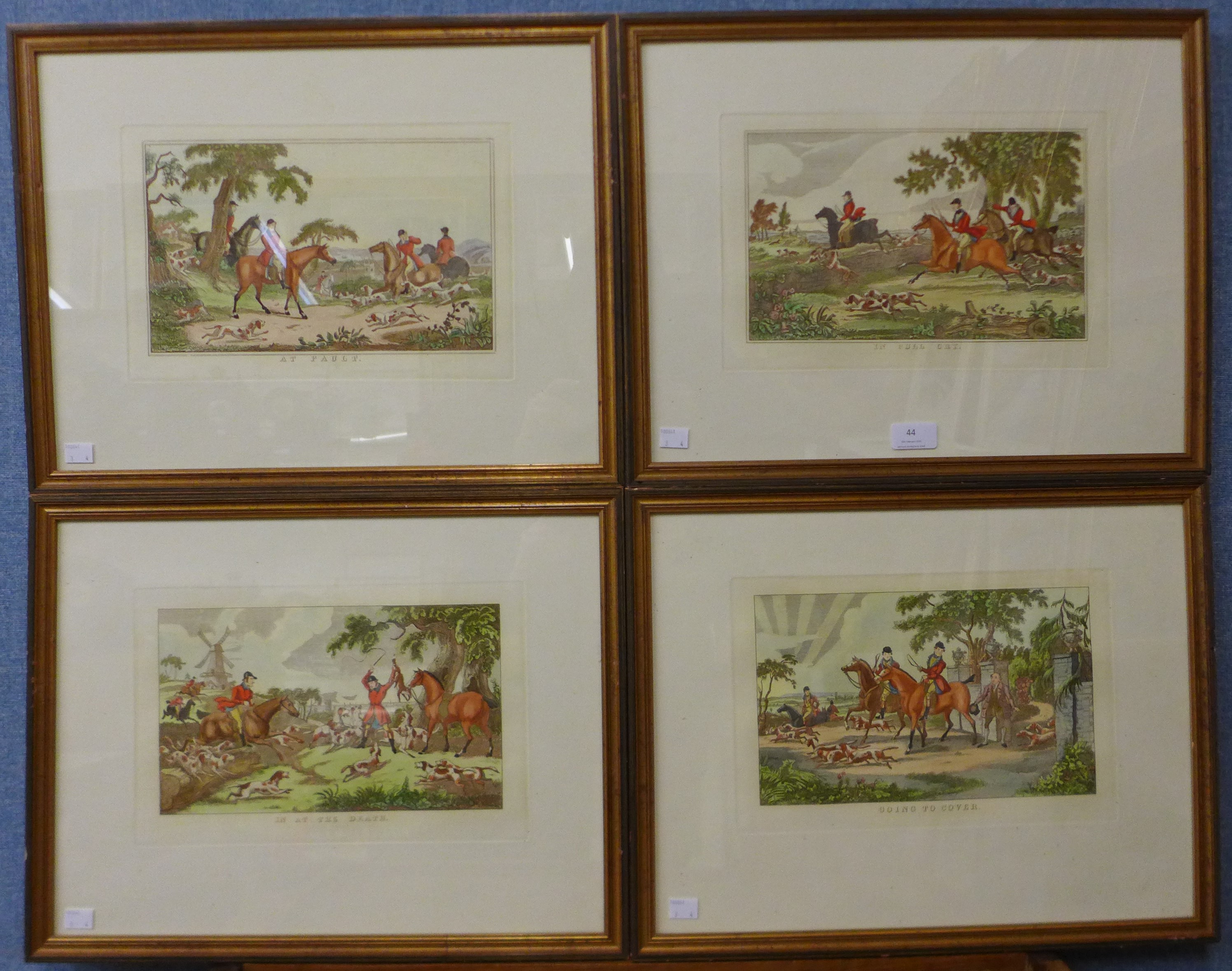 A set of four fox hunting engravings, 21 x 32cms, framed