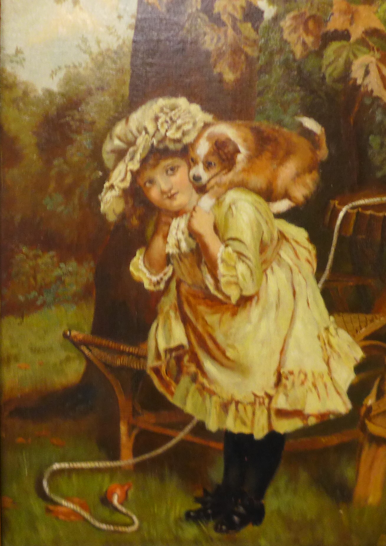 English School (19th Century), portrait of a girl and puppy, oil on canvas, 47 x 34cms, framed - Image 2 of 2