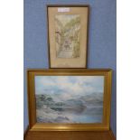 A watercolour, Clovelly, W. Sands, and a print