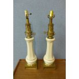 A pair of brass and cream porcelain table lamp bases