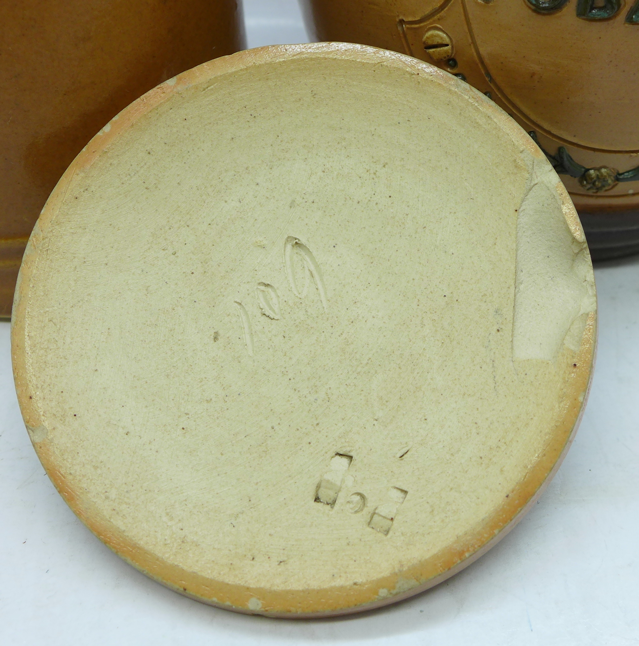 A Doulton Lambeth tobacco jar, two mugs and a beaker, chips on rim of tobacco jar - Image 3 of 4