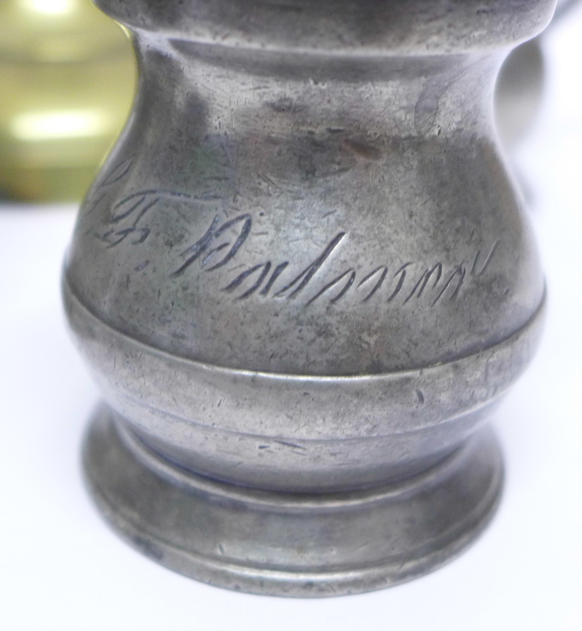 A pair of brass candlesticks, four measures and a 1 noggin measure in the form of a milk churn - Image 3 of 4