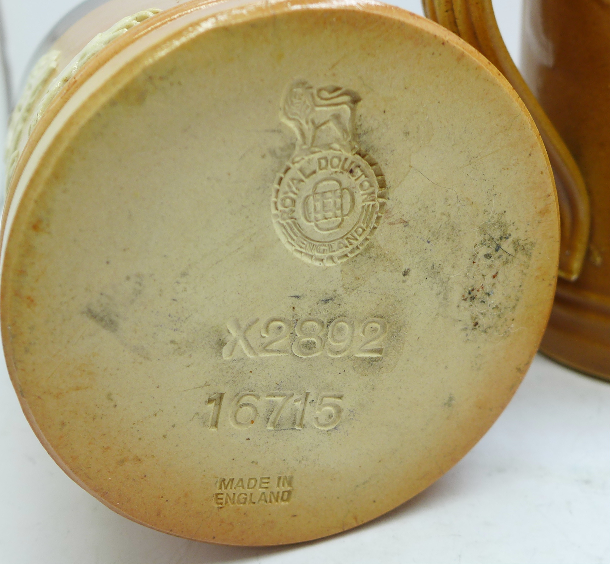 A Doulton Lambeth tobacco jar, two mugs and a beaker, chips on rim of tobacco jar - Image 4 of 4