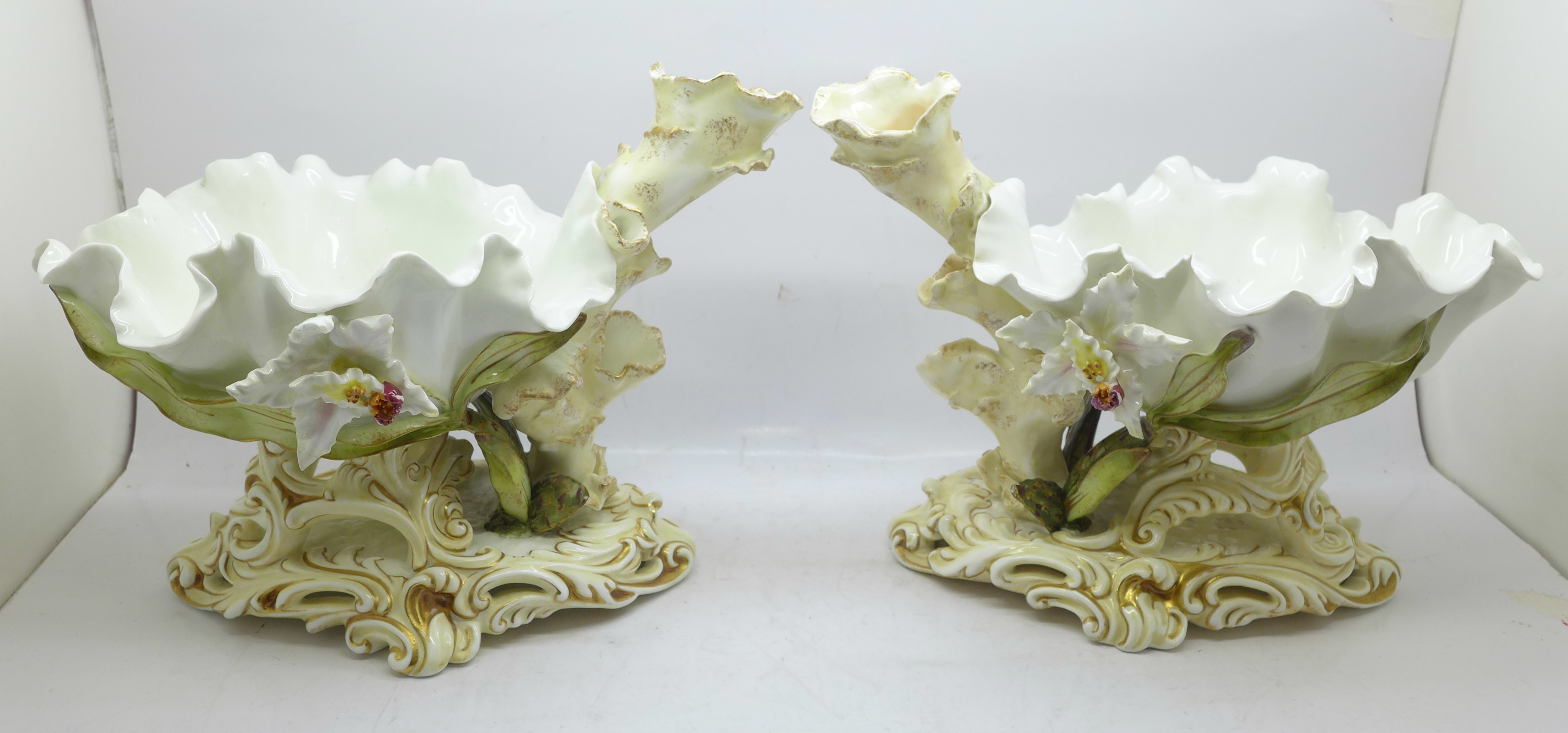 Two Moore Bros. shell shaped ceramic centrepieces