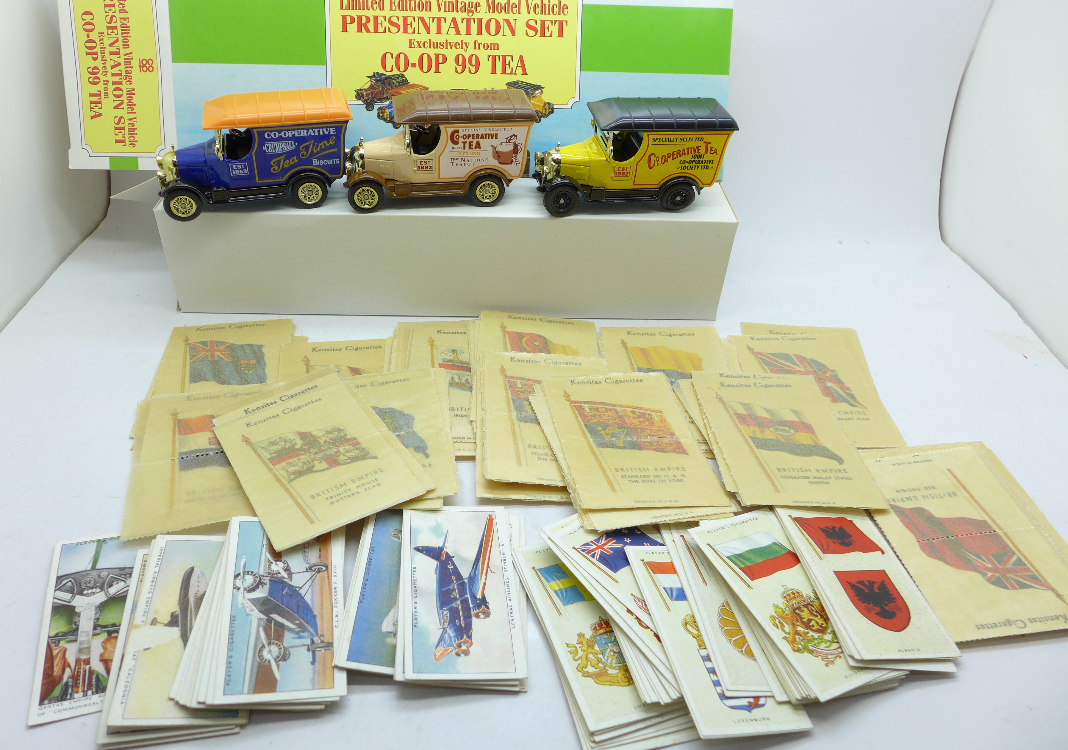 A Co-op limited edition vintage model set, boxed, two cigarette packets with cigarette cards and a