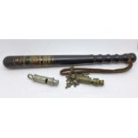 A Manchester Special Constabulary police truncheon and two whistles