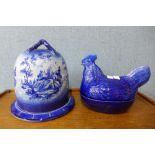 An Empress of Staffordshire flow blue cheese dome and stand, with transfer printed scene and a hen