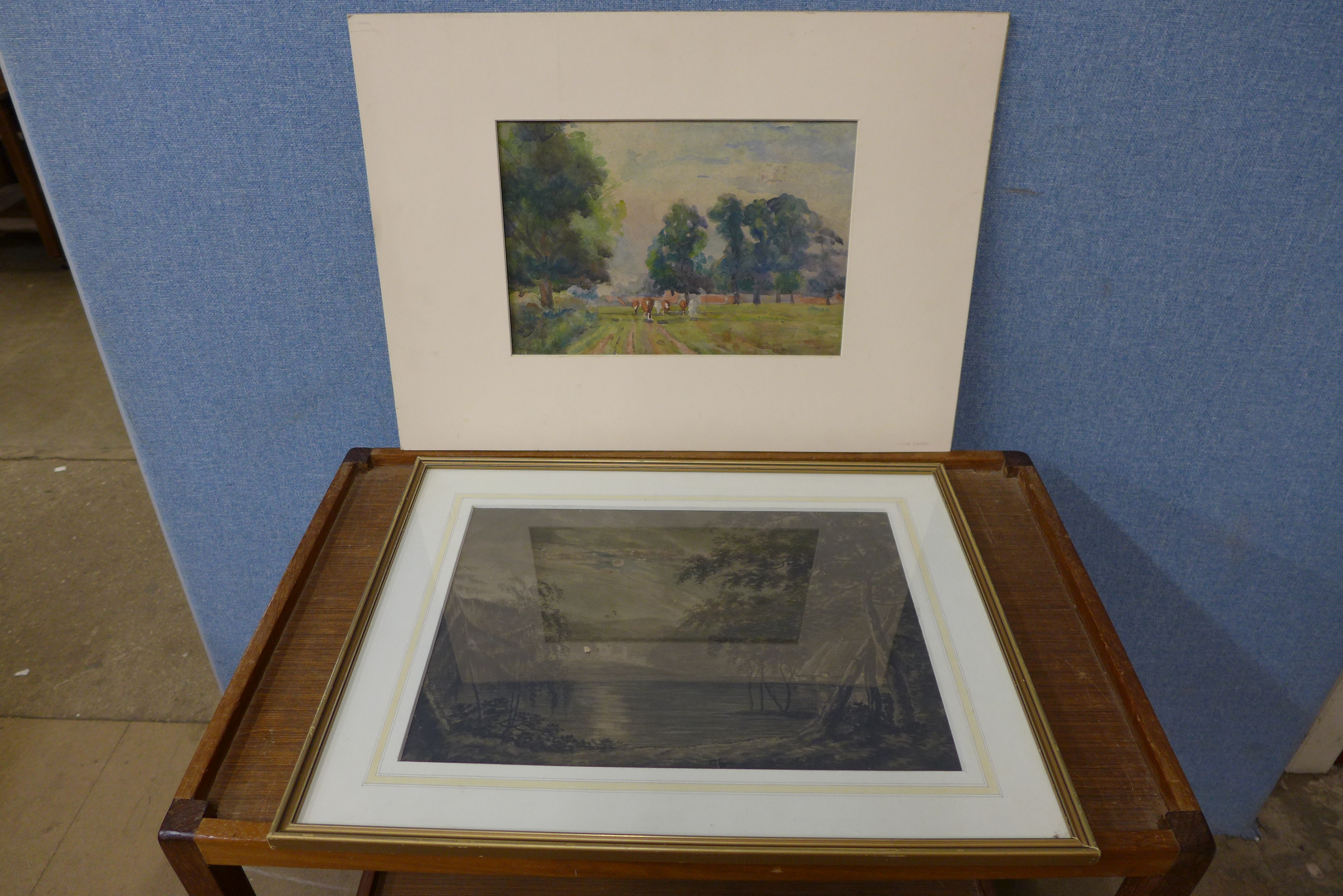 Two English School landscapes, watercolours, one framed