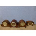 Three oak mantel clocks and a walnut mantel clock