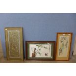 A Chinese silk embroidery, framed and two others