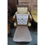 A Victorian style walnut open armchair and one other