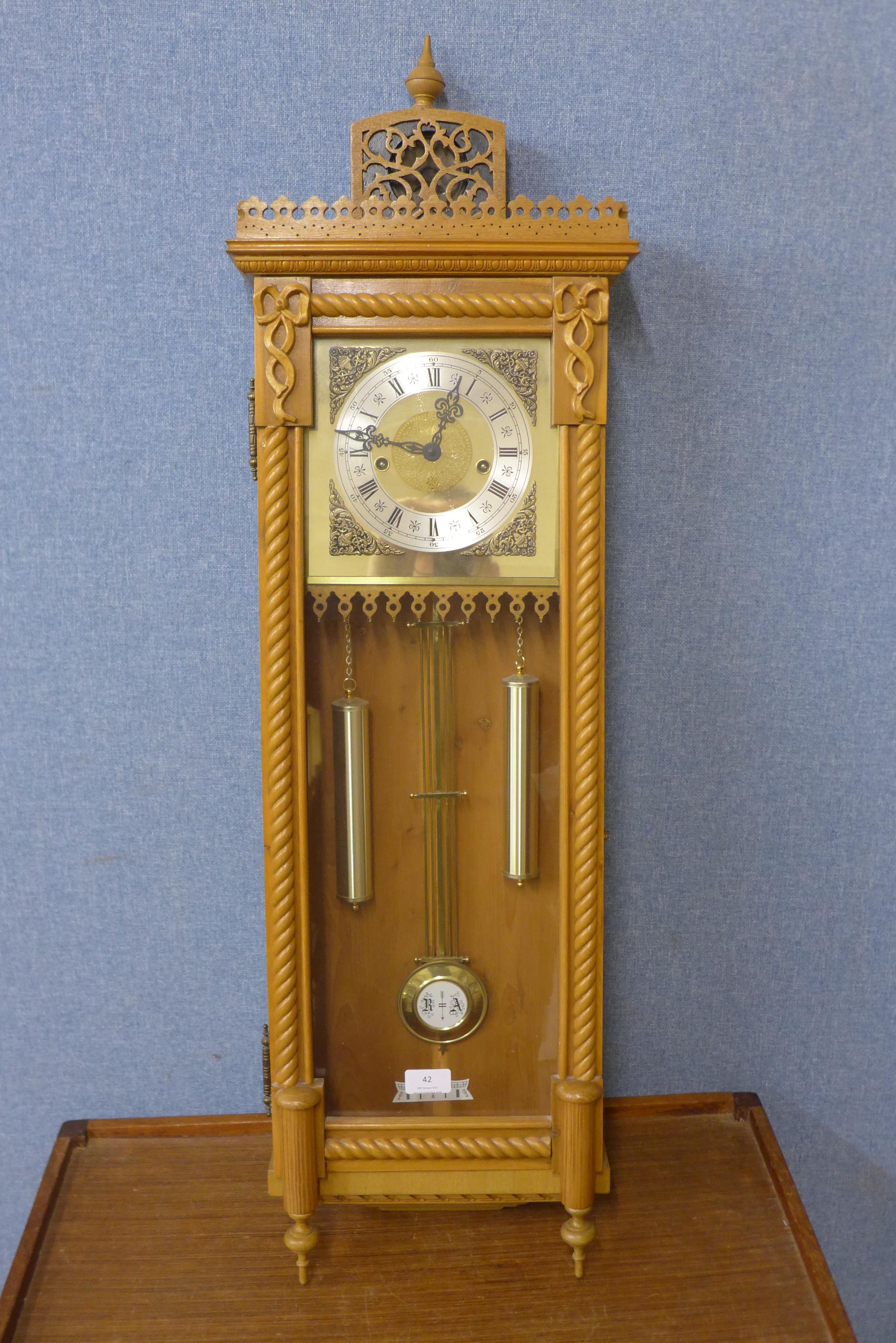 A pine and beech Vienna style wall clock