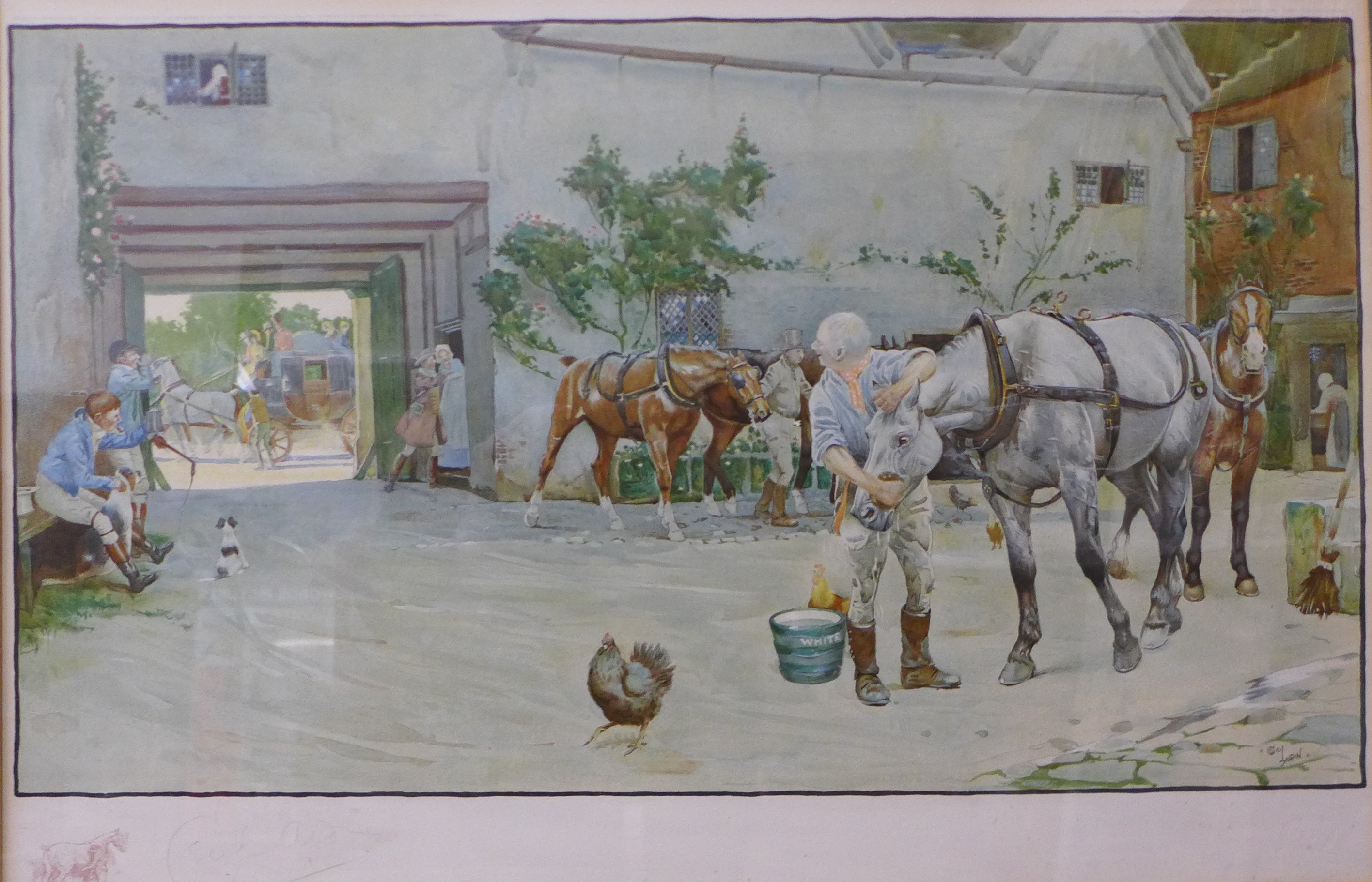 A signed Cecil Charles Windsor Aldin print, The Exeter Road, The White Hart At Hook, with Lawrence &