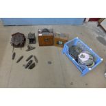 Two oak pigeon racing clocks and parts, etc.