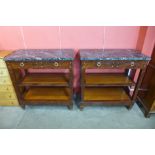 A pair of Art Deco walnut, anboyna and marble topped buffets