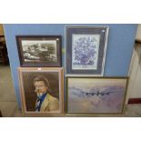 A Coulson print of a Lancaster Bomber, a portrait of a man, oil on canvas and two other prints