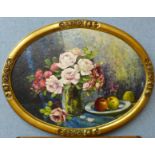 French Impressionist School, oval still life of flowers in a vase , oil on board, indistinctly