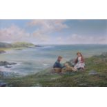 Roderick Lovesey, coastal scene with children, oil on canvas, 45 x 69cms, framed