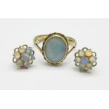 A pair of opal cluster earrings and a 9ct gold and opal ring, 3g, K