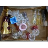 A box of coloured glass, cut glass and sauce pot with plated mounts **PLEASE NOTE THIS LOT IS NOT