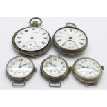 Two silver wristwatch heads, one other and two silver pocket watches, a/f