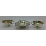 Two small silver cups and a silver dish, total weight 73g