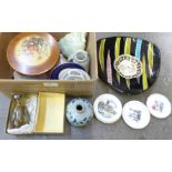 A wooden circular box, a silver covered vase, retro dish and other china