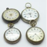 Four silver fob watches