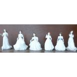 Six Royal Doulton Collectors Club figures, three boxed, one a/f