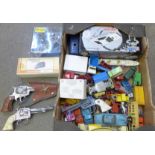 Corgi, Lesney and other die-cast model vehicles, a Corgi James Bond Lotus Esprit, boxed, toy guns,