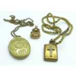 A gilt metal locket and chain, a gilt metal seal fob set with a citrine stone and one other locket