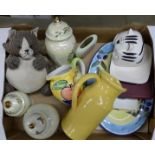 Two Sadler lidded vases, kitchen china, a cat doorstop, Portmeirion place mats, etc. **PLEASE NOTE