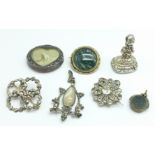 A Victorian silver swivel fob, a moss agate brooch, a old cut diamond set brooch, a seal fob, a/f,